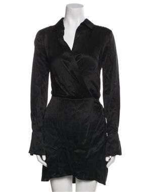 Favorite Daughter Black Satin Wrap Long Sleeve Mini Dress